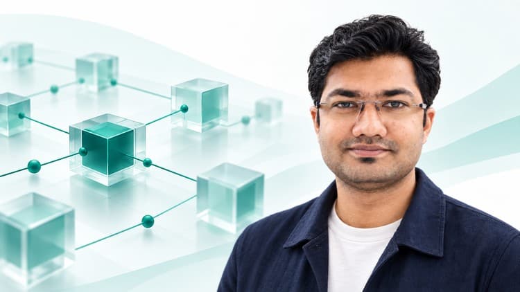 Abhi Mitra beside a network of connected blockchain blocks